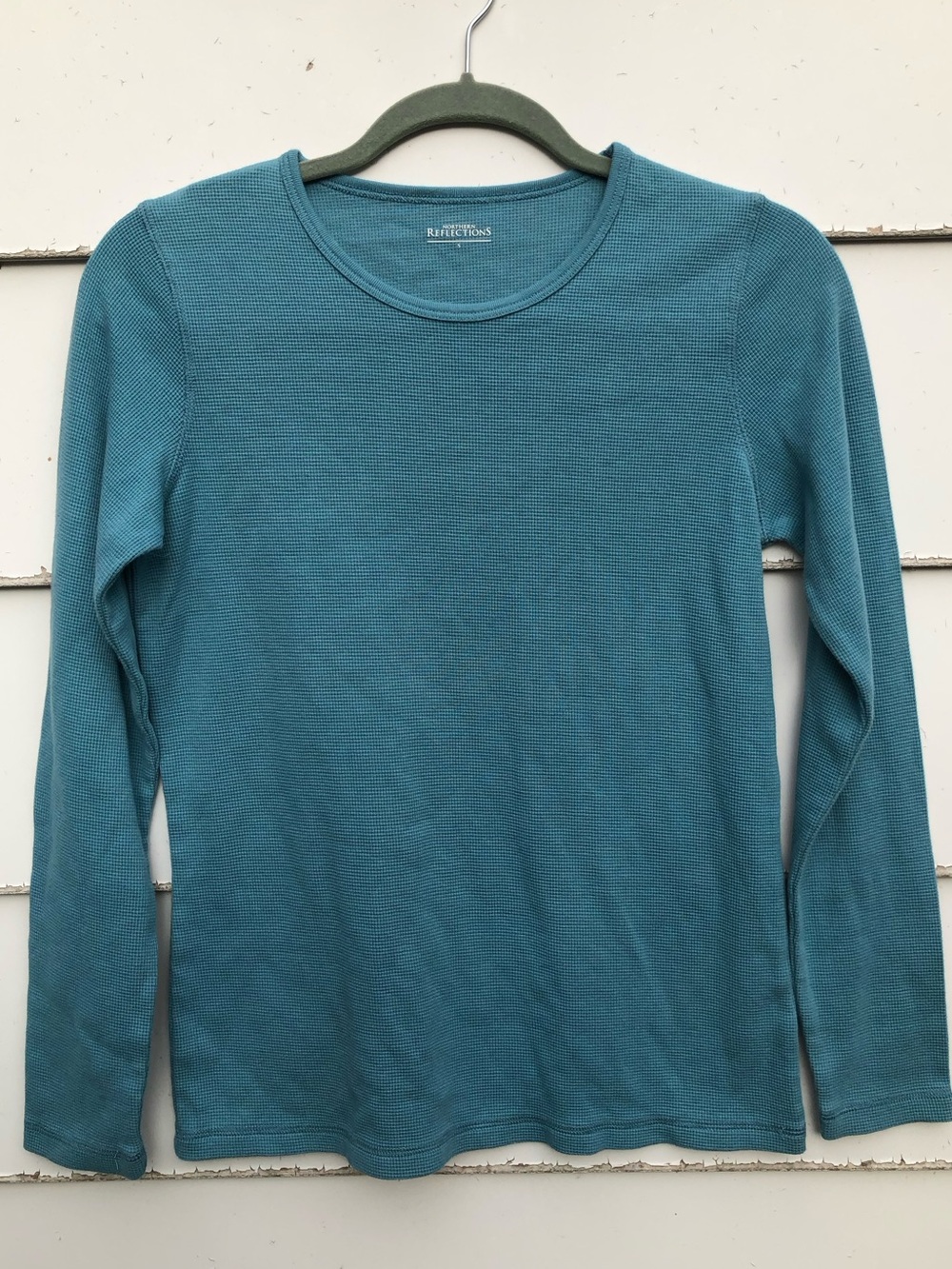 Gorpcore Northern Reflections Teal Scoop-Neck Waffle Knit Long Sleeve Top